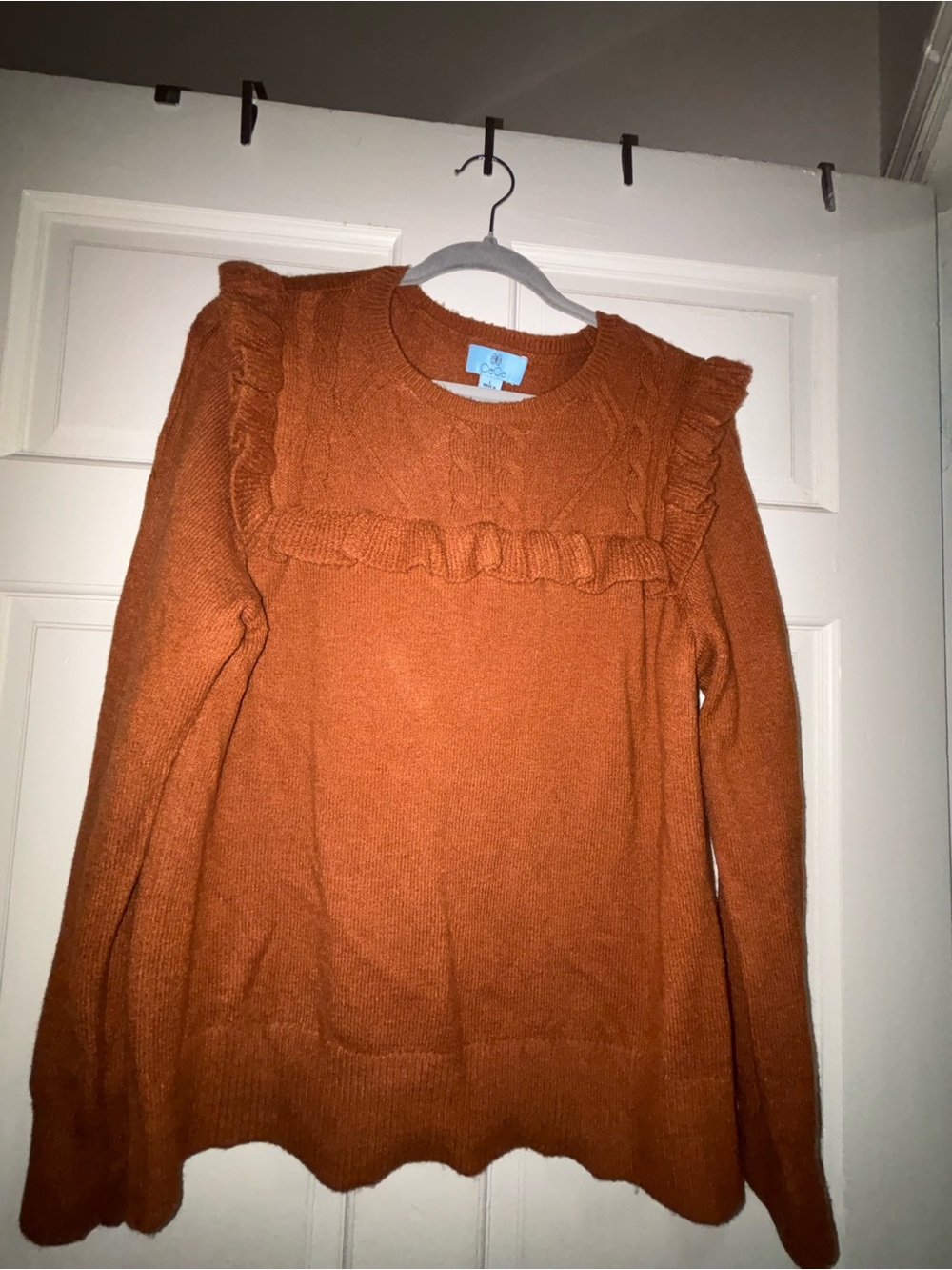 CeCe Ruffle-Trim Crewneck Sweater in Burnt Orange